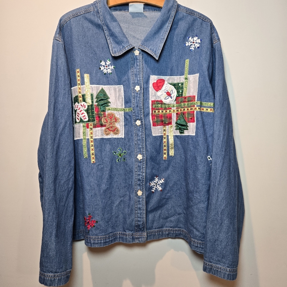 Carolina Blues Christmas Denim Button Down Shirt 2X Womens Vintage Holiday Wear